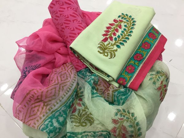 Ladies lime raspberry mugal print cotton salwar kameez with chiffon dupatta