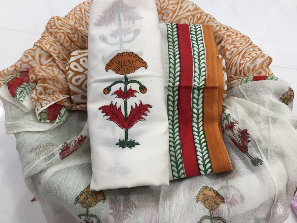 Traditional white mugal floral print cotton suit with chiffon dupatta