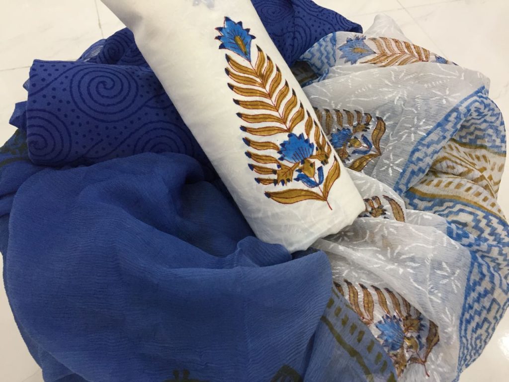 White persian blue mugal print cotton suit with pure chiffon dupatta