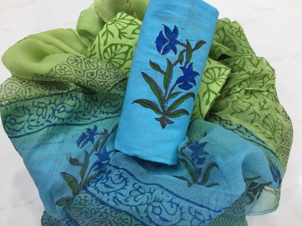 Baby blue chartreuse green mugal print cotton suit set with chiffon chunni