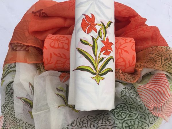 White orange-red mugal print cotton salwar kameez set with chiffon chunni
