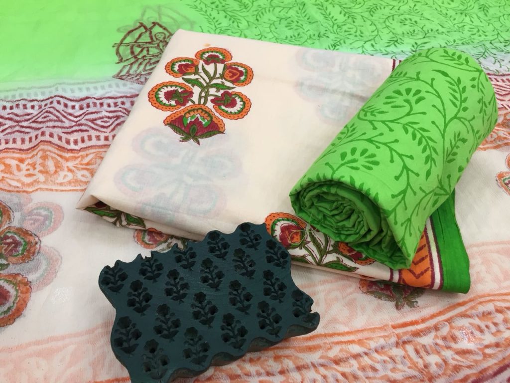 Ivory spring green mugal print cotton salwar kameez set with chiffon dupatta