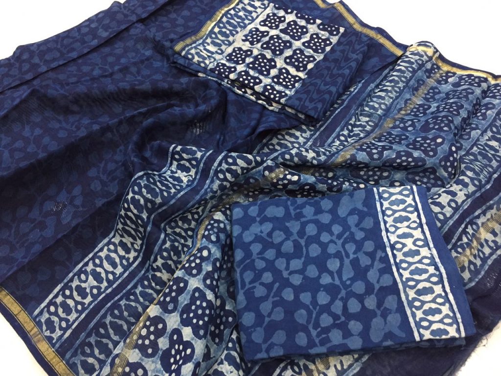 Traditional indigo dabu floral print casual wear chanderi salwar suit