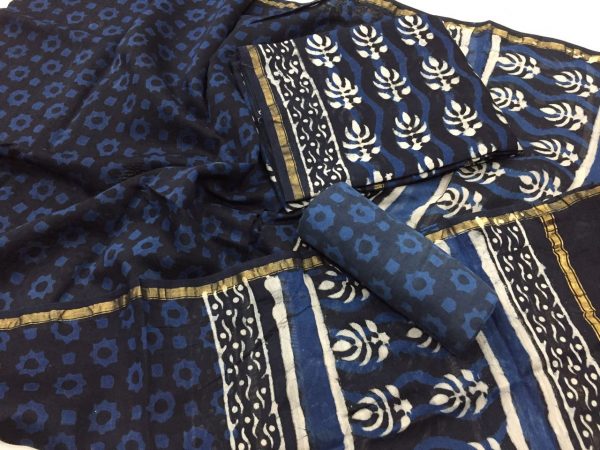 Traditional indigo dabu leaf print casual wear chanderi salwar suit
