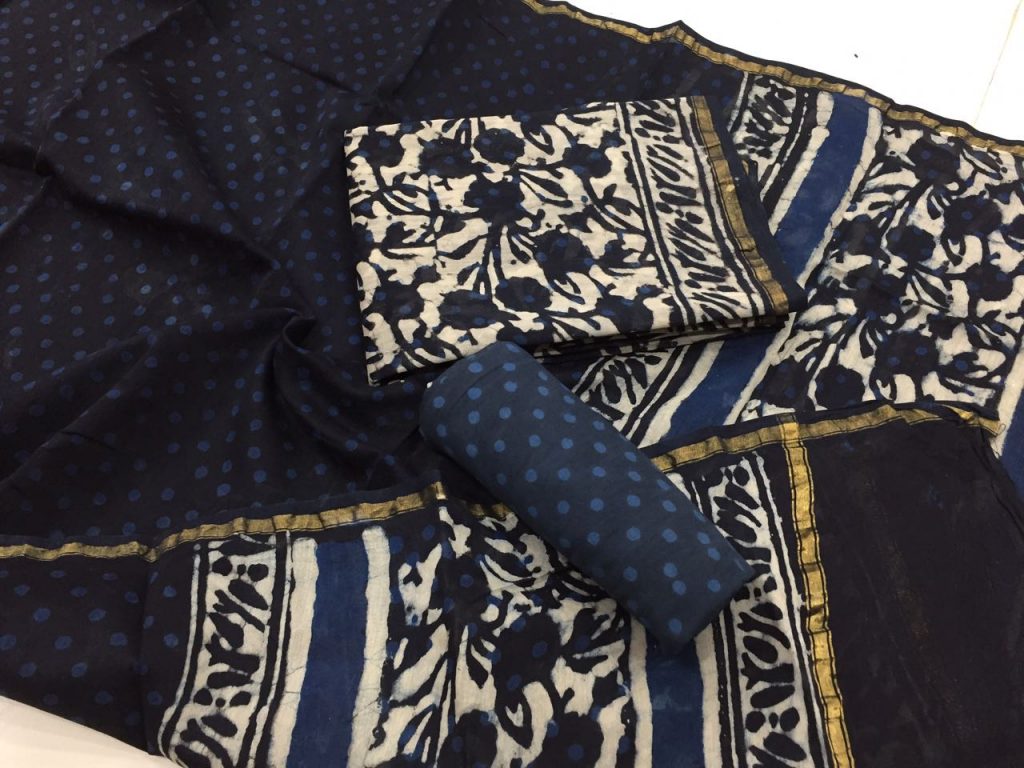 Traditional indigo dabu print casual wear chanderi salwar suit