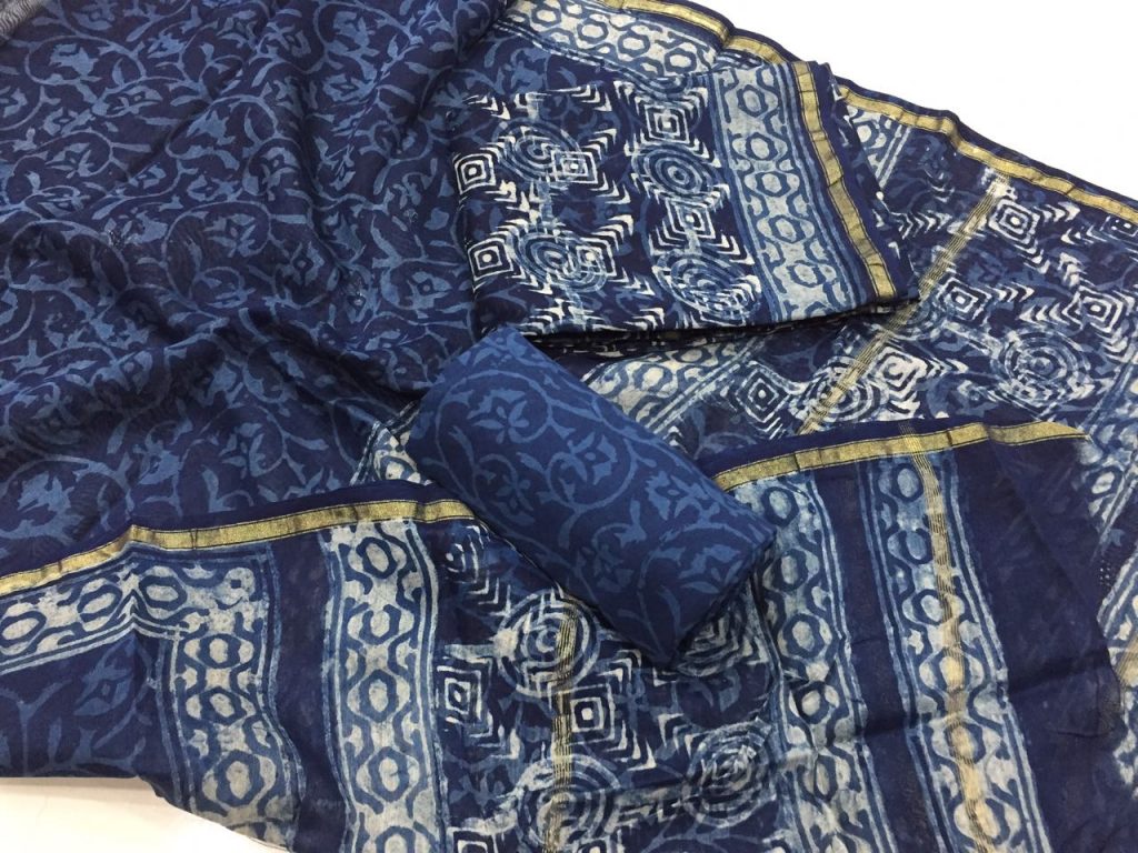 Traditional indigo dabu print casual wear chanderi suit