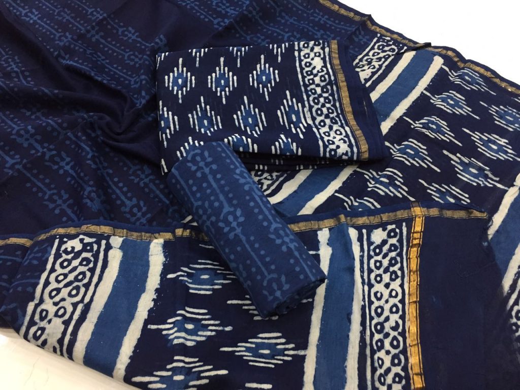 Traditional indigo dabu print casual wear chanderi suit set