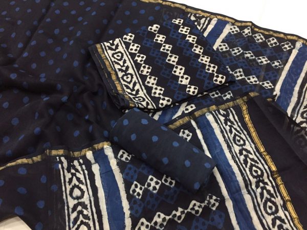 Traditional indigo dabu square print casual wear chanderi suit set