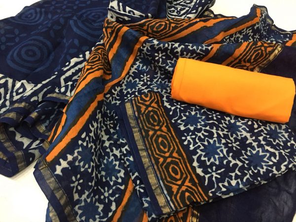 Traditional indigo dabu leaf print casual wear chanderi suit set