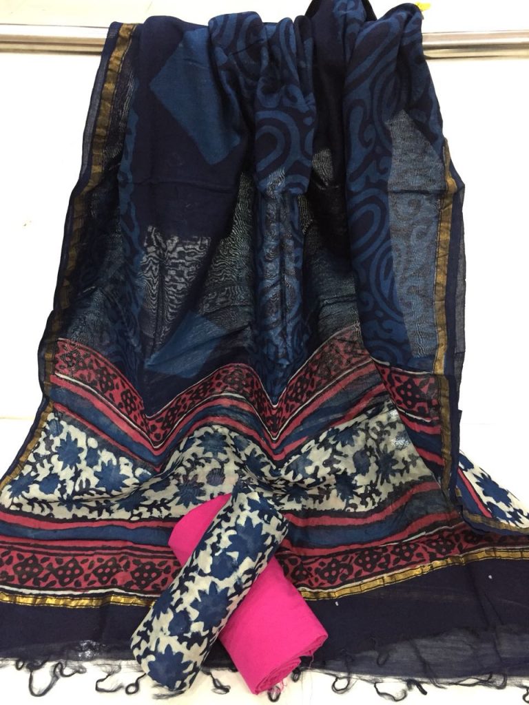 Traditional indigo dabu leaf print casual wear chanderi silk suit set