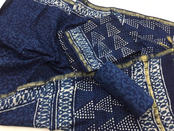 Traditional indigo dabu triangle print casual wear chanderi silk suit set