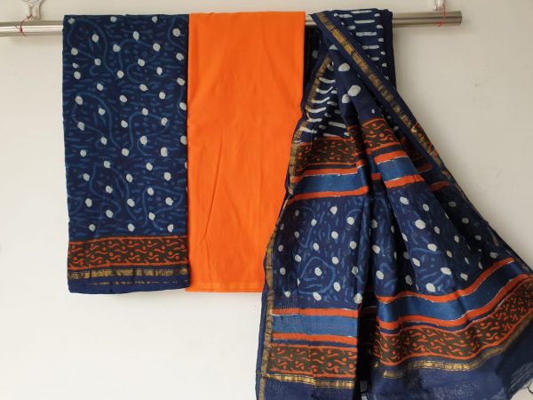 Ladies orange indigo dabu print casual wear chanderi silk salwar suit