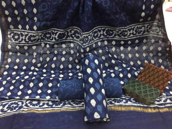 Jaipuri  indigo dabu print casual wear chanderi silk salwar suit