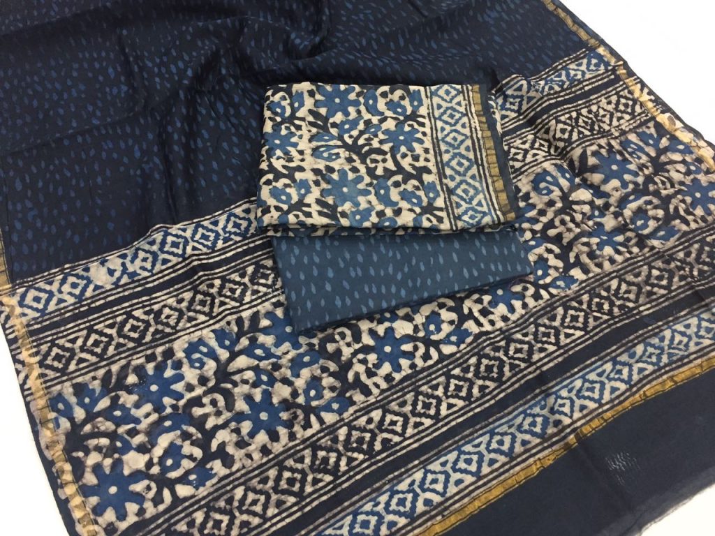 Natural indigo dabu floral print regular wear chanderi salwar  suit set