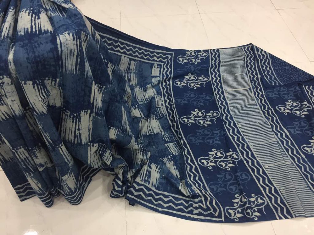 Natural indigo dabu print regular wear cotton mulmul saree with blouse piece