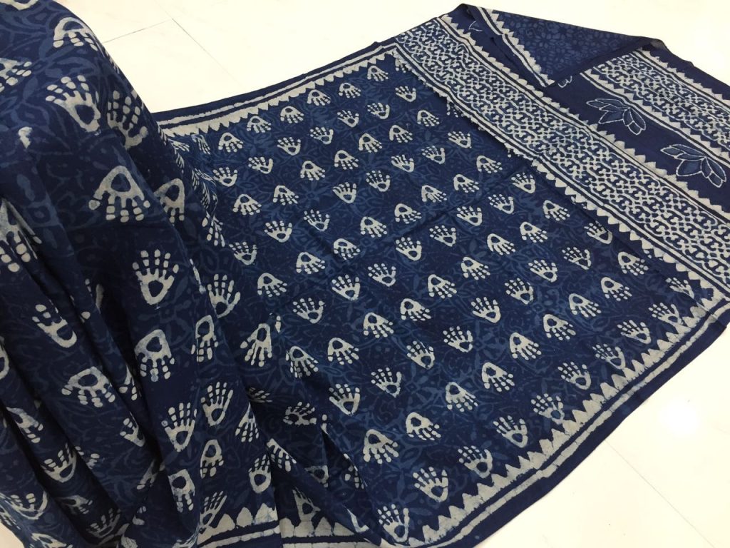 Jaipuri indigo dabu hand print casual wear cotton mulmul saree with blouse piece