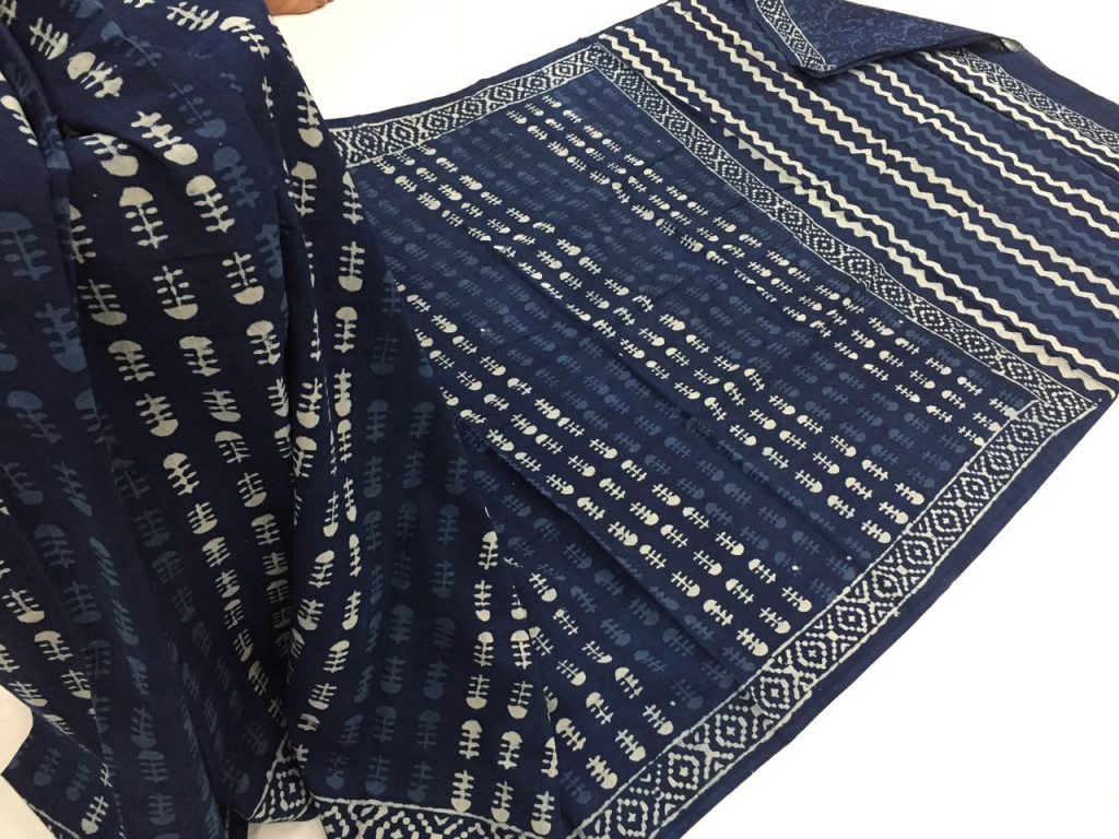 Jaipuri indigo dabu booty print daily wear mulmul cotton sarees with blouse piece