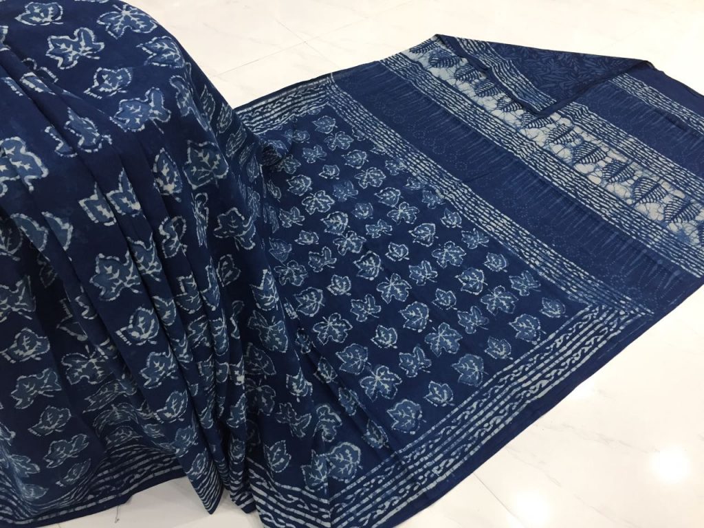 Jaipuri indigo dabu leaf print daily wear mulmul cotton sarees with blouse piece
