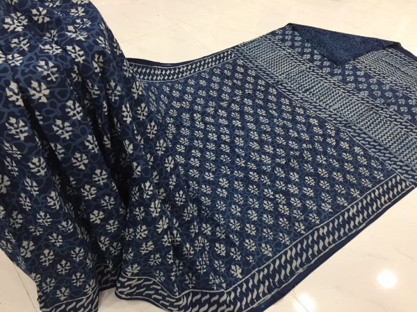 Jaipuri indigo dabu booty print casual wear mulmul cotton sarees with blouse piece