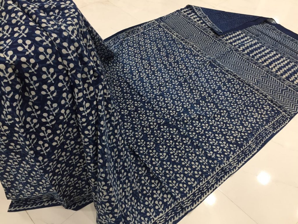 Jaipuri indigo dabu booty print regular wear mulmul cotton sarees with blouse piece