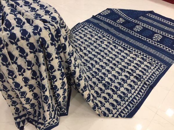 Jaipuri indigo dabu kerry print regular wear mulmul cotton sarees with blouse piece
