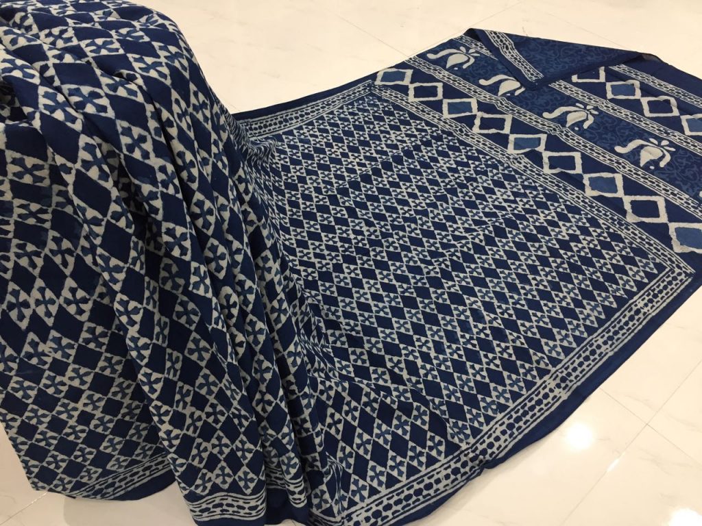 Jaipuri indigo dabu print regular wear mulmul cotton sarees with blouse piece