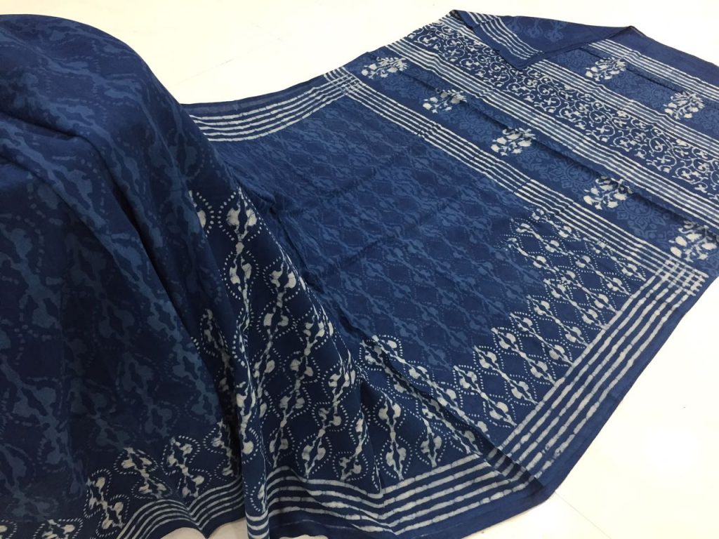 Jaipuri indigo dabu print daily wear mulmul cotton sarees with blouse