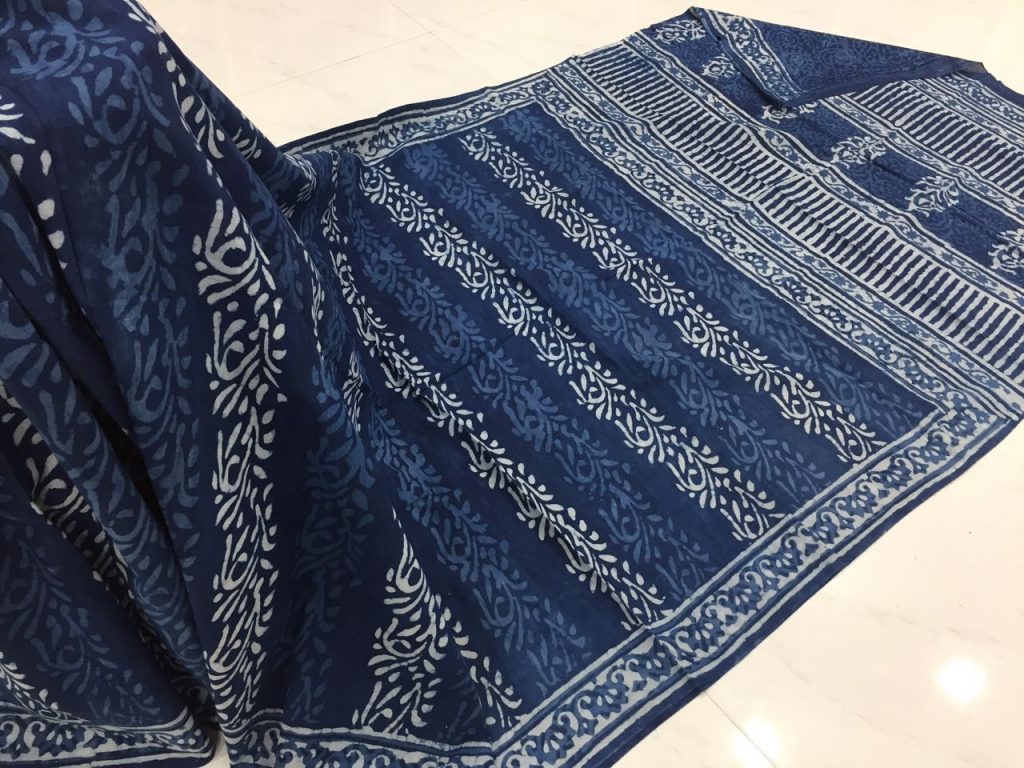 Jaipuri indigo dabu leaf print regular wear mulmul cotton sarees with blouse piece