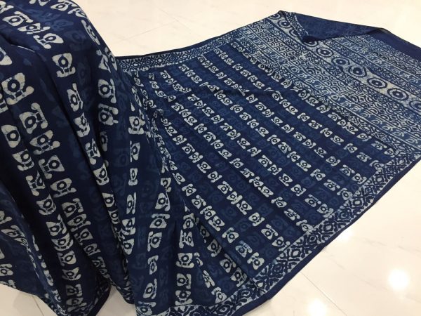 Jaipuri indigo dabu telephone print regular wear mulmul cotton sarees with blouse piece