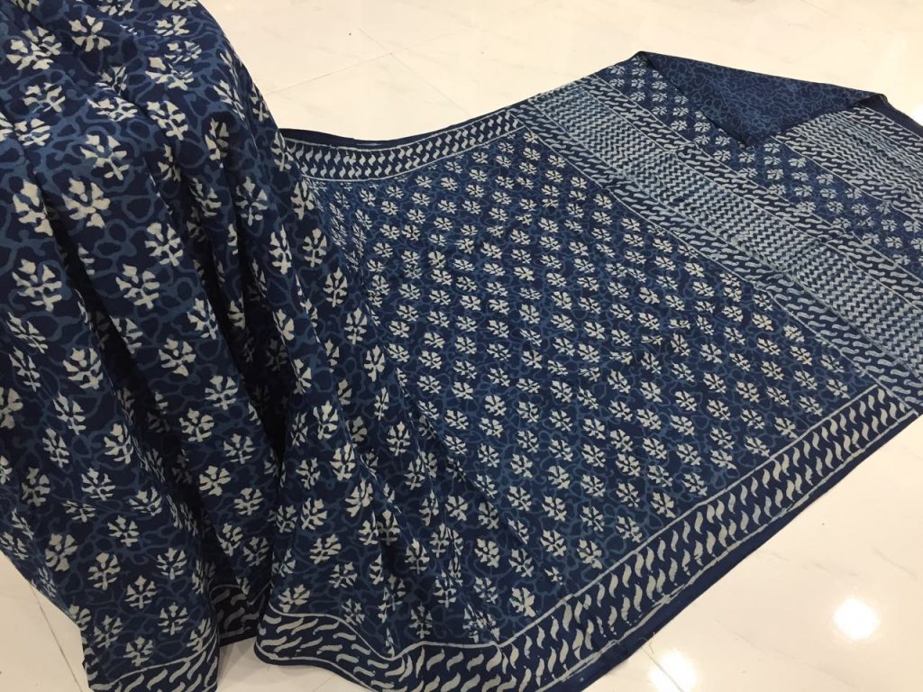 Jaipuri indigo dabu booty print daily wear mulmul cotton sarees with blouse