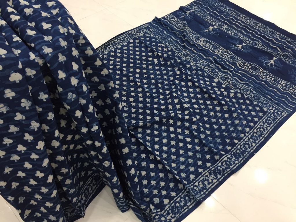 Jaipuri indigo dabu print regular wear mulmul cotton sarees with blouse