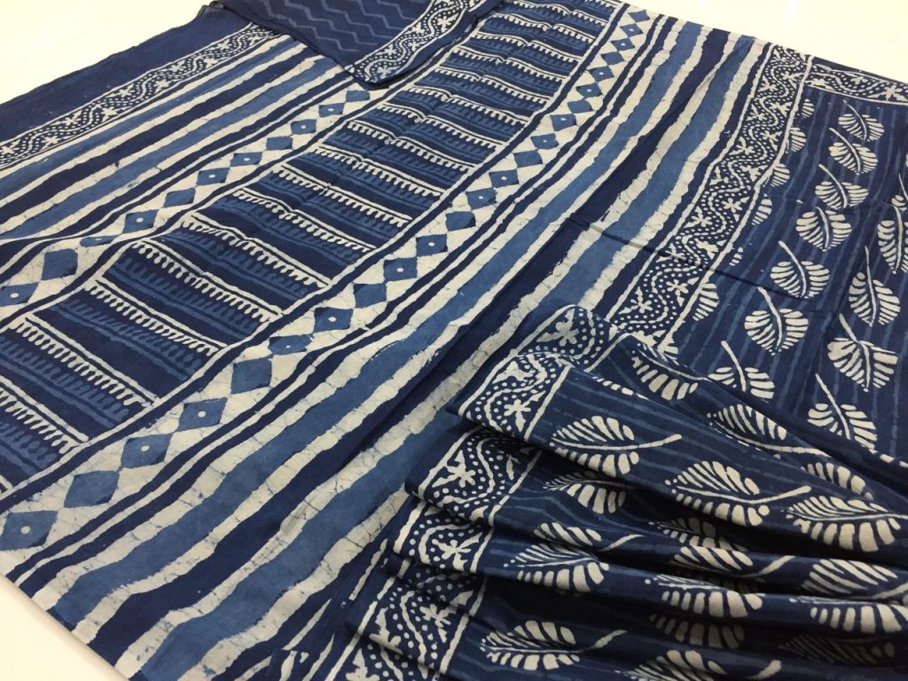 Jaipuri indigo dabu leaf print casual wear mulmul cotton sarees with blouse piece