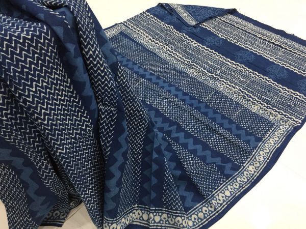 Jaipuri indigo dabu zigzag print casual wear mulmul cotton sarees with blouse piece