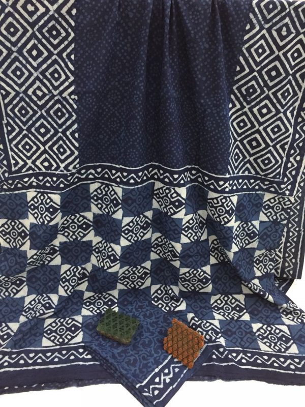 Jaipuri indigo dabu square print casual wear mulmul cotton sarees with blouse piece