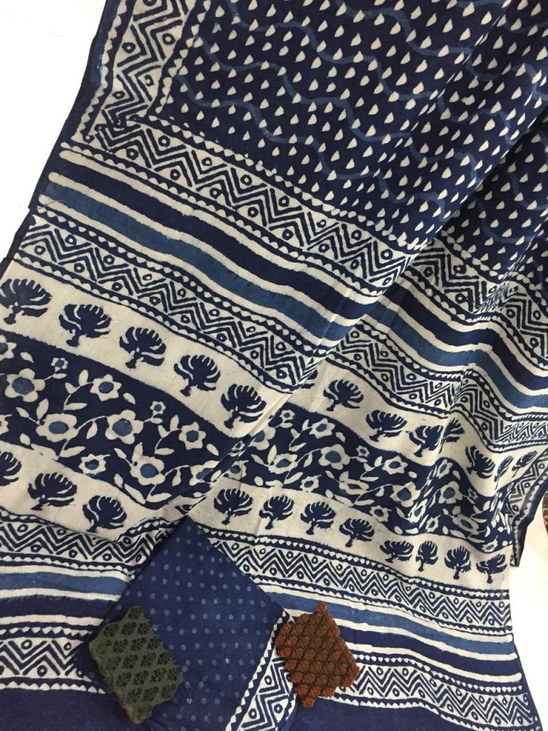 Jaipuri indigo dabu dots print casual wear mulmul cotton sarees with blouse piece