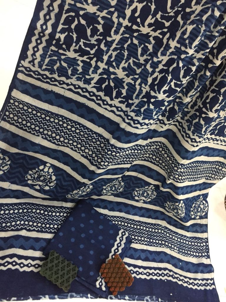 Jaipuri indigo dabu floral print casual wear mulmul cotton sarees with blouse piece
