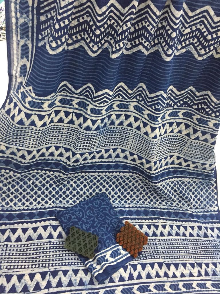 Jaipuri indigo dabu zigzag print daily wear mulmul cotton sarees with blouse piece