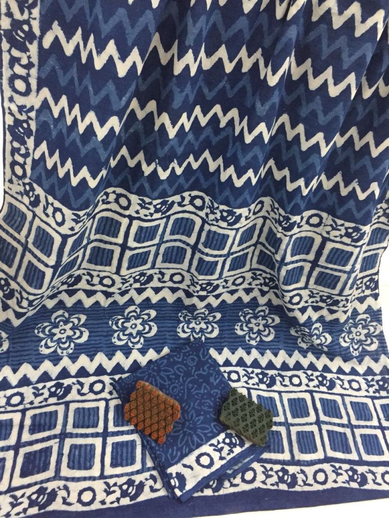 Jaipuri indigo dabu zigzag print daily wear mulmul cotton sarees with blouse