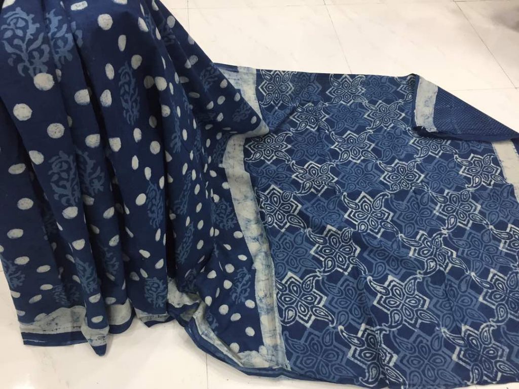 Natural indigo dabu dots print regular wear cotton mulmul saree with blouse