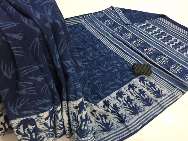 Exclusive indigo dabu print regular wear mulmul cotton sarees with blouse piece