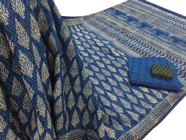 Exclusive indigo dabu booty print regular wear mulmul cotton sarees with blouse piece