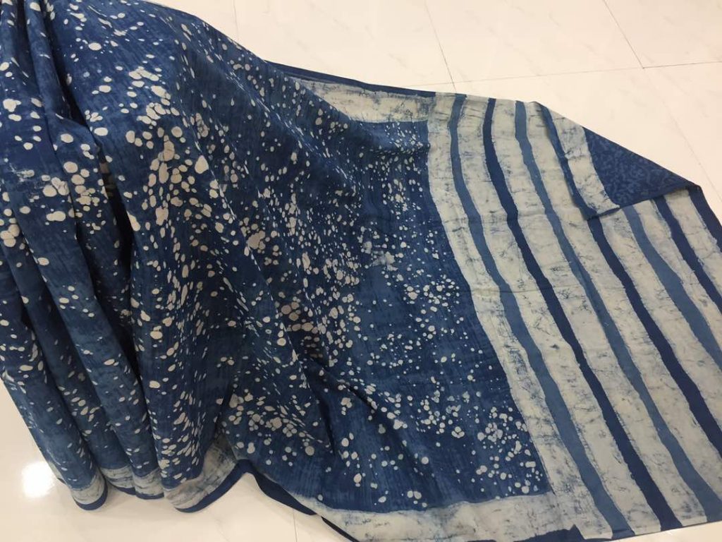 Natural indigo dabu strips print regular wear cotton mulmul saree with blouse