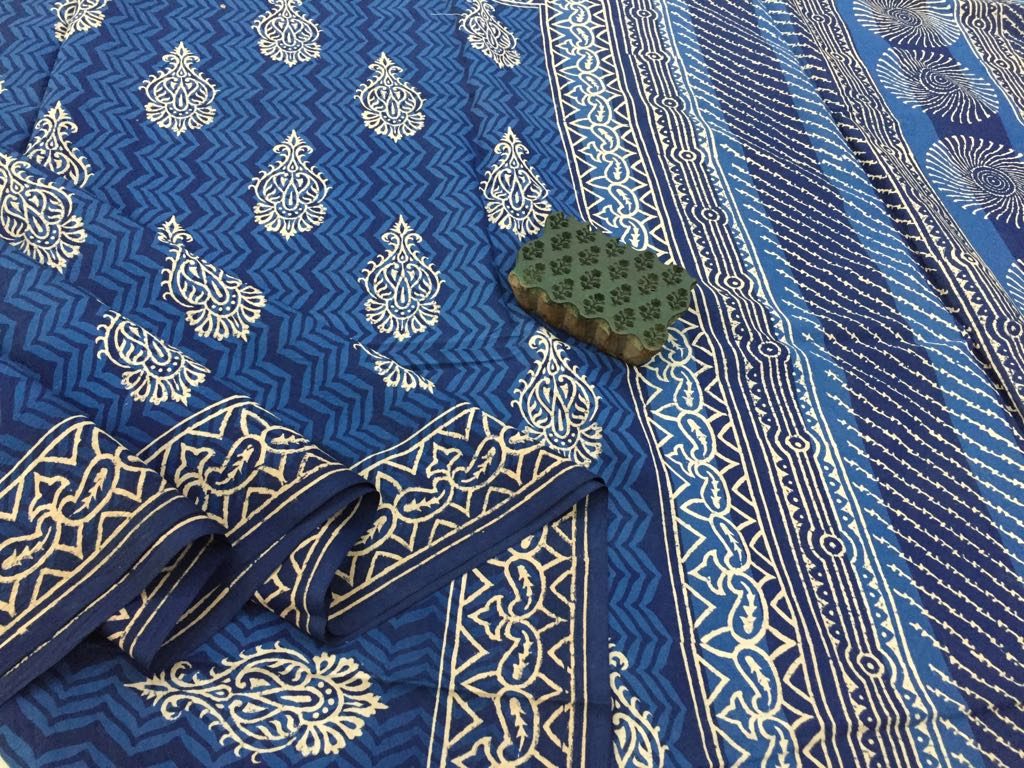 Exclusive indigo dabu booty print casual wear mulmul cotton sarees with blouse piece