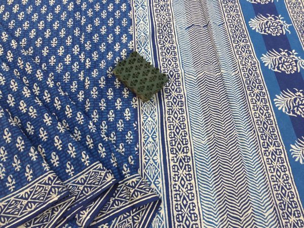 Exclusive indigo dabu booty print daily wear mulmul cotton sarees with blouse piece