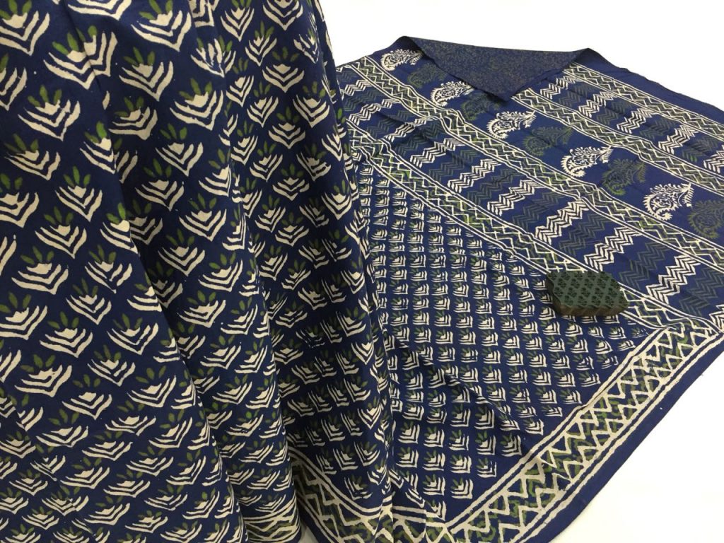 Exclusive indigo dabu print daily wear mulmul cotton sarees with blouse piece