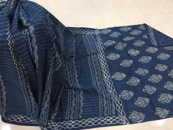 Natural indigo dabu waves print casual wear cotton mulmul saree with blouse