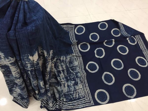 Natural indigo dabu circle print casual wear cotton mulmul saree with blouse