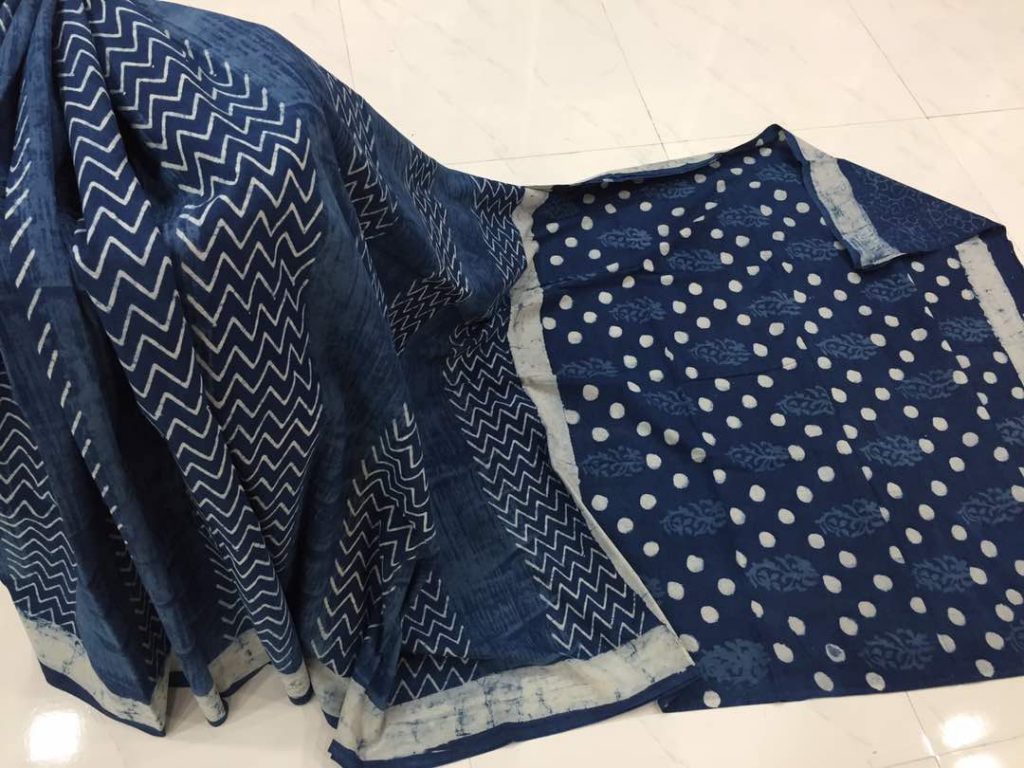Natural indigo dabu zigzag print casual wear cotton mulmul saree with blouse