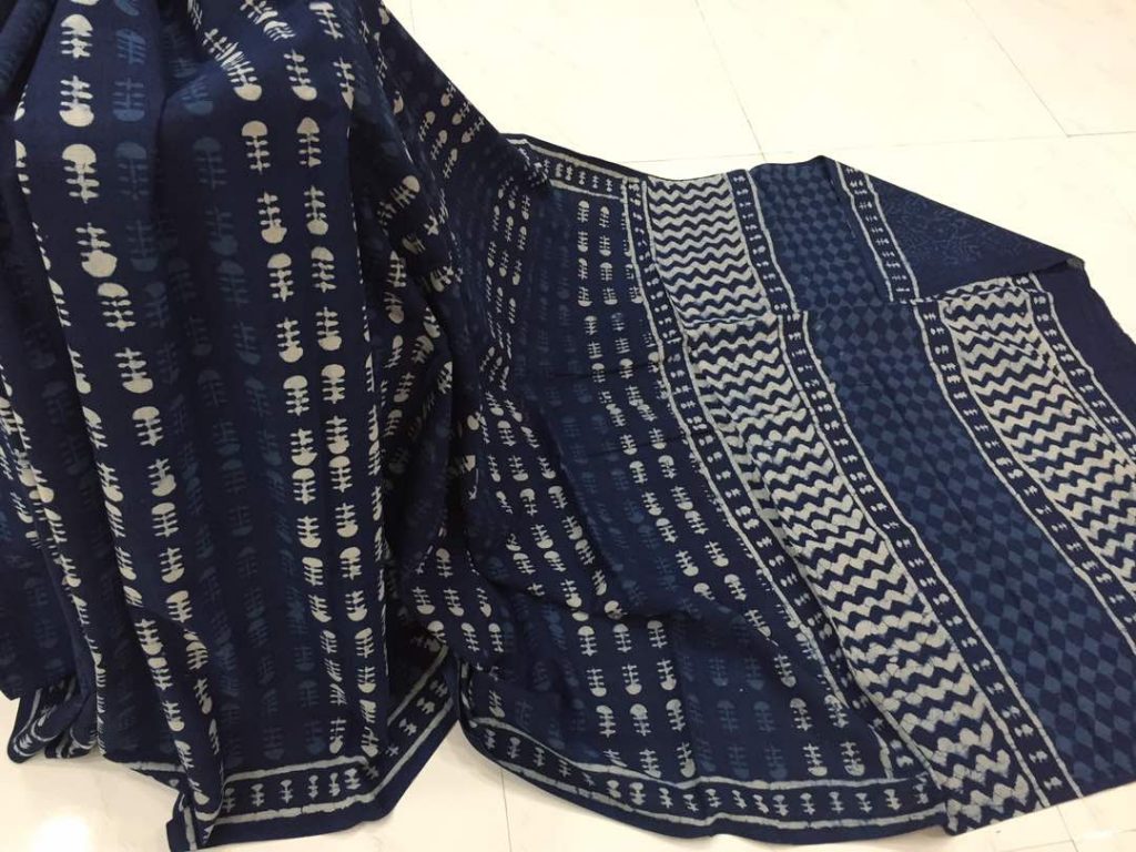 Natural indigo dabu booty  print daily wear cotton mulmul saree with blouse