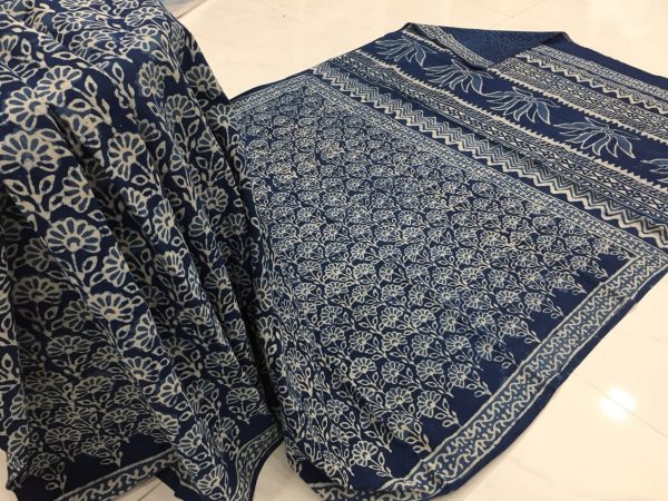 Natural indigo dabu booty print casual wear cotton mulmul saree with blouse